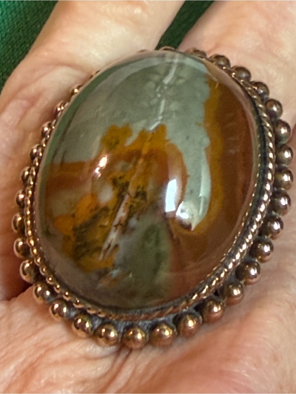 Brown Jasper Statement Ring with Beaded Silver Accent Size 6 Pristine Condition